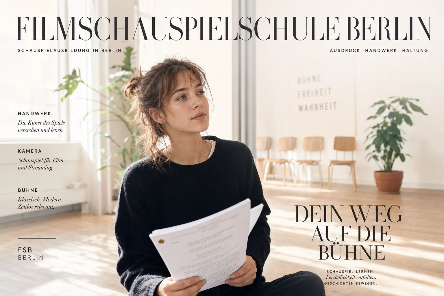 Schauspielerin mit Drehbuch im lichtdurchfluteten Studio – Filmschauspielschule Berlin