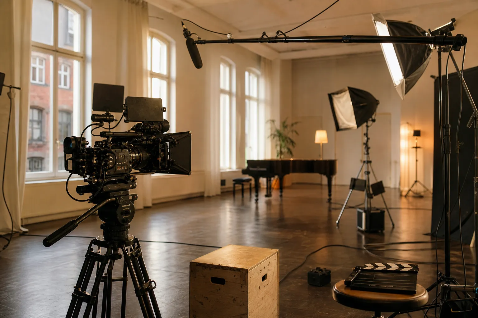 Wide editorial still of a professional film set in a bright Berlin rehearsal studio, cinema camera on tripod, boom microphone, softbox lights, cables and clapperboard, no people in foreground, warm cream and amber palette, photorealistic, subtle depth of field, no text, no letters, no logos, no watermarks